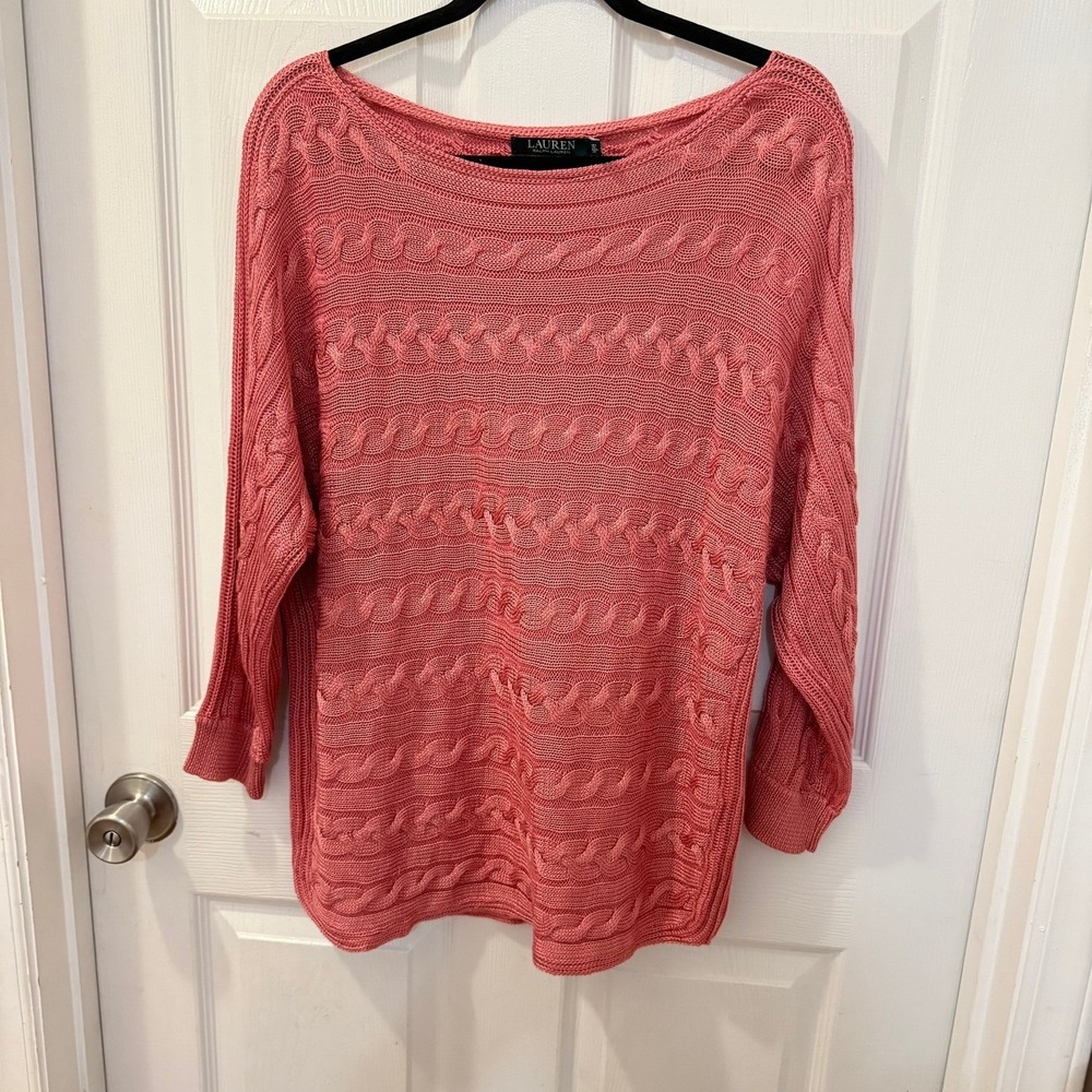 Lauren Ralph Lauren Womens Large Sweater Cable Knit Boatneck Pink Raglan Sleeve‎